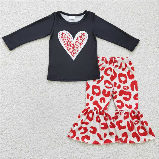 GLP0404 Leopard heart shirt bell bottom pants girls Valentine's outfits