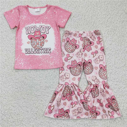 GSPO0364 Girls HOWDY hat, colorful light ball, pink short-sleeved shirt and long pants suit