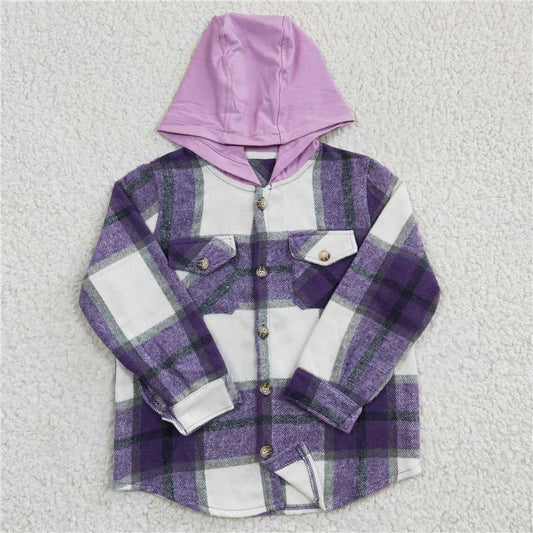 GT0150   Baby kids Girls Purple plaid hoodie pocket Flannel shirts Tops
