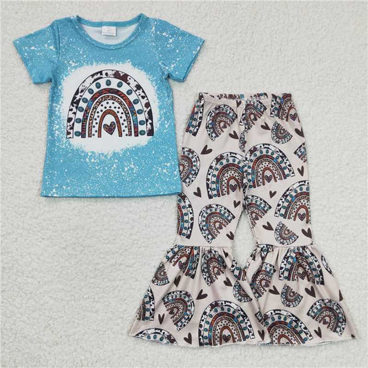 GSPO0338 Girls' heart leopard print rainbow blue short-sleeved trousers suit