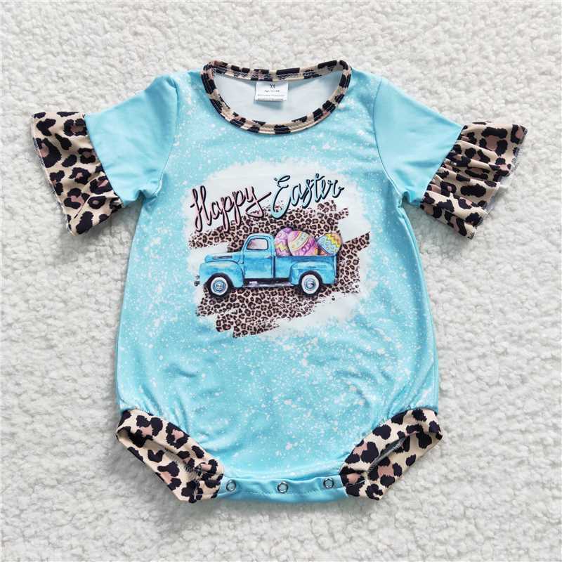 SR0116  Baby Girls Blue Happy Easter Bunny Rompers