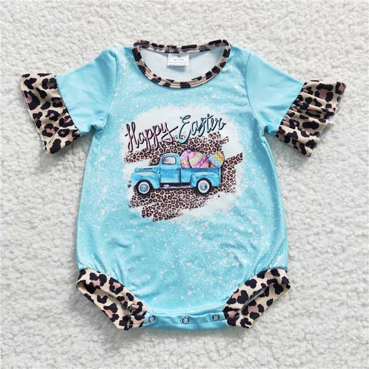 SR0116  Baby Girls Blue Happy Easter Bunny Rompers