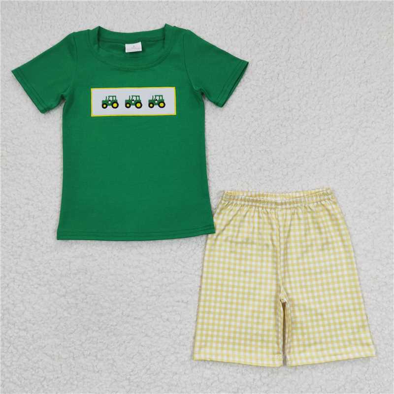 BSSO0126 Sales New RTS No Moq Promotion Baby Boys Green Tractor shorts sets