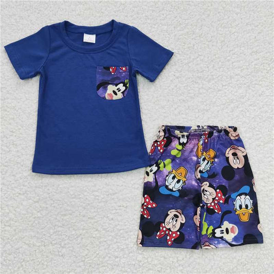 BSSO0163 Baby Boys Blue Color Cartoon Pockets Shorts Clothes Sets
