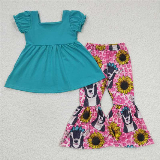 GSPO0345 Girls' blue cow sunflower short-sleeved trousers suit