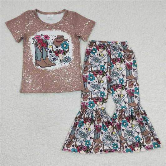 GSPO0290 Girls boots, floral bull head hat, short-sleeved shirt and long pants set