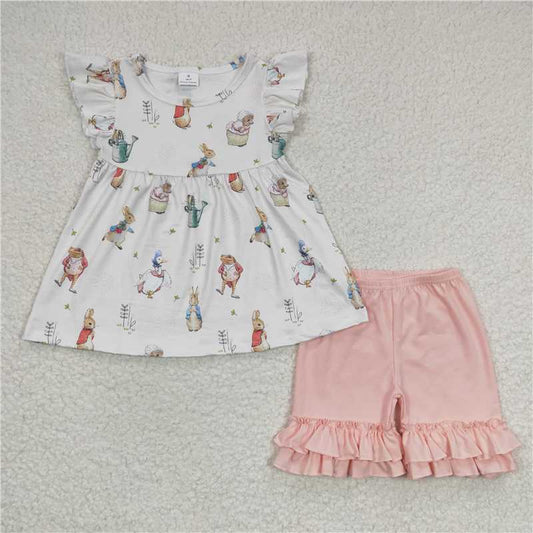 GSSO0154 Girls bunny flutter sleeves rabbit tunic ruffle shorts suit