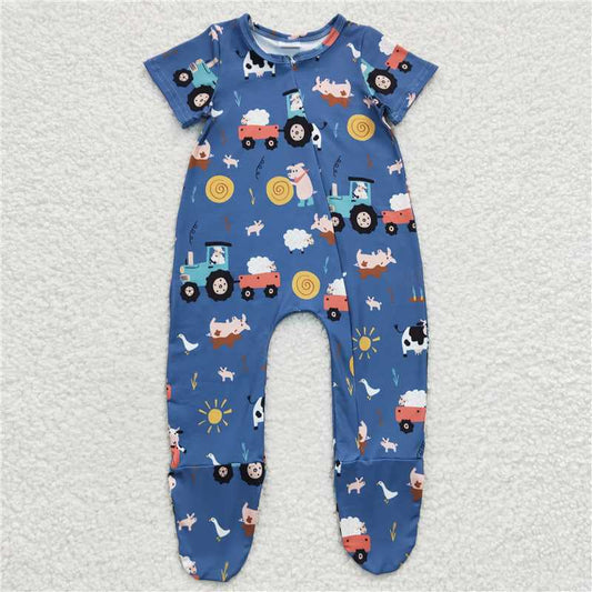 SR0195 Baby Boys Farm Zip Footie Rompers