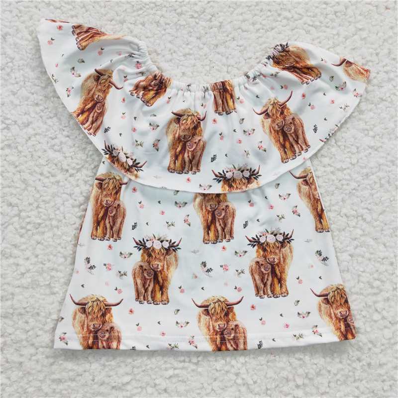 GT0147  Baby Girls Highland Cow Off Shoulder Western Shirts Tops