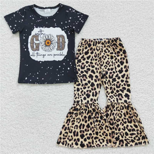GSPO0478 Girls GOD Daisy Short Sleeve Leopard Print Trousers Set