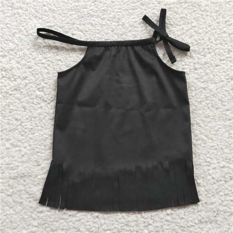 GT0088  Baby Girls Black Tassle Halter Shirts Tops