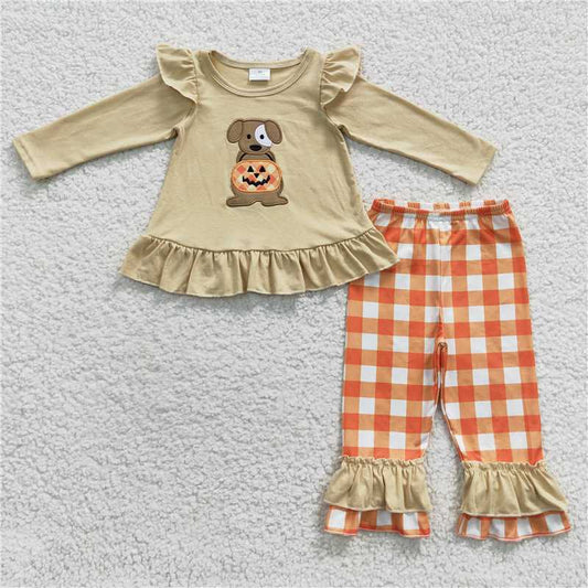 GLP0433Dog pumpkin shirt plaid pants girls Halloween clothes