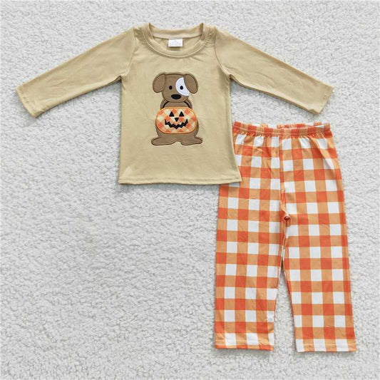 BLP0170Dog embroidery shirt plaid pants boy Halloween clothes