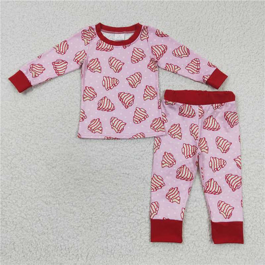 RTS NO MOQ （In stock） GLP0453 Baby Girls Winter Outfits Christmas tree biscuit polka dot pink long sleeve trousers suit
