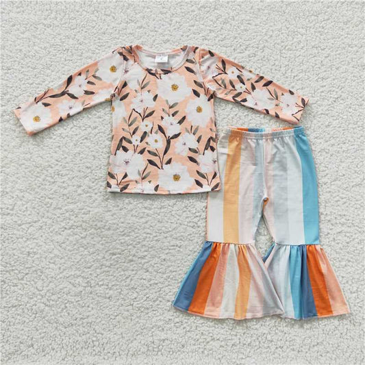 GLP0447Floral long sleeves top stripe pants girls fall clothes