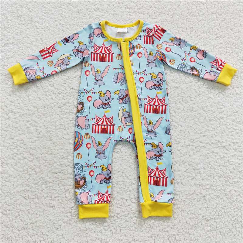 RTS LR0346 Cartoon hot air balloon elephant blue and yellow zipper long-sleeved jumpsuit