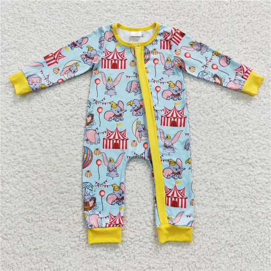 RTS LR0346 Cartoon hot air balloon elephant blue and yellow zipper long-sleeved jumpsuit