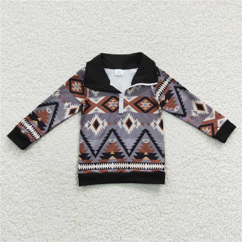 BT0230 Baby Boys Western Aztec Long Sleeve Zip Pullover Tee Tops