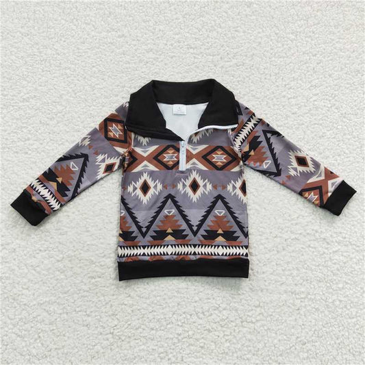 BT0230 Baby Boys Western Aztec Long Sleeve Zip Pullover Tee Tops