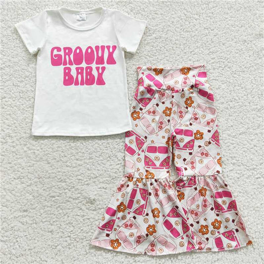GSPO0718 groovy baby white short-sleeved bus smiley face trousers suit with letters