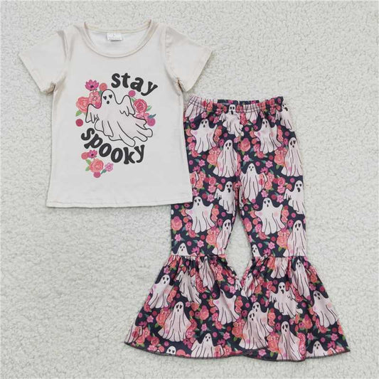 GSPO0664 Halloween stay spooky beige short-sleeved ghost flower