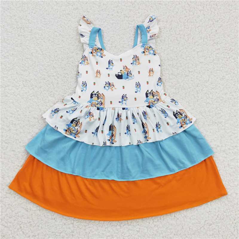GSD0396  Baby Girls Cartoon Dogs Ruffle Knee Length Dresses