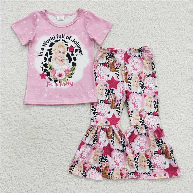 GSPO0719 dolly letter cow print pink short-sleeved trousers suit