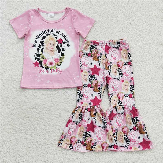 GSPO0719 dolly letter cow print pink short-sleeved trousers suit