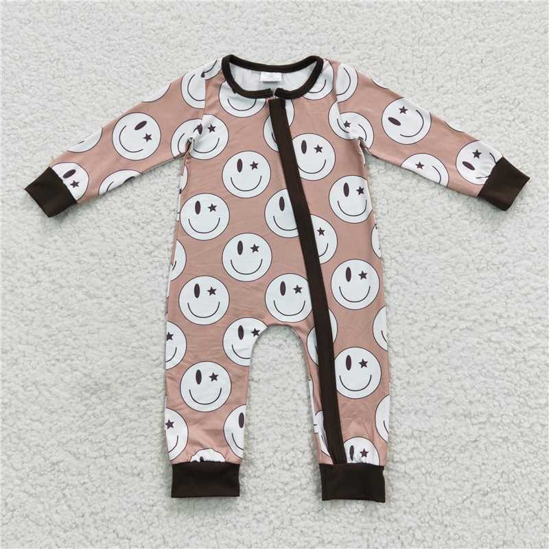 RTS LR0332 Smiley face brown zipper long sleeve jumpsuit