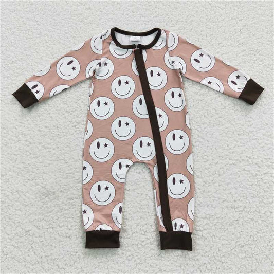RTS LR0332 Smiley face brown zipper long sleeve jumpsuit