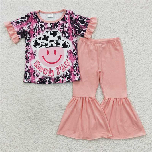 GSPO0701 howdy y'all short-sleeved trousers suit with smiley face and cow pattern