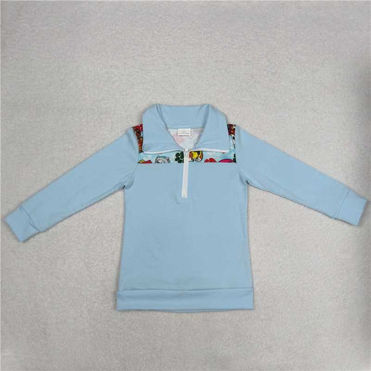 10.14 RTS NO MOQ （In stock）G3-16-1,./ Baby Boys Long Sleeve Top Blue long-sleeved top with red footprints