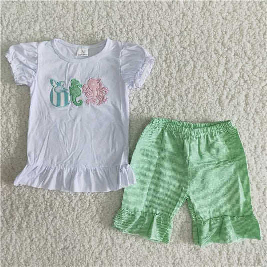 Baby Girls Whale Octopus Shirt Summer Checkered Shorts Sets