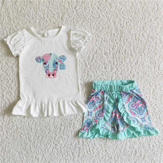 Baby girls summer western green cow ruffle shorts sets