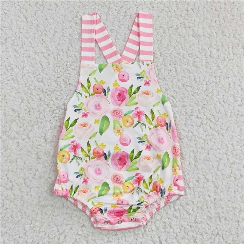 A17-9-2  Baby Girls Pink Flowers Summer Strap Rompers