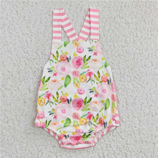 A17-9-2  Baby Girls Pink Flowers Summer Strap Rompers
