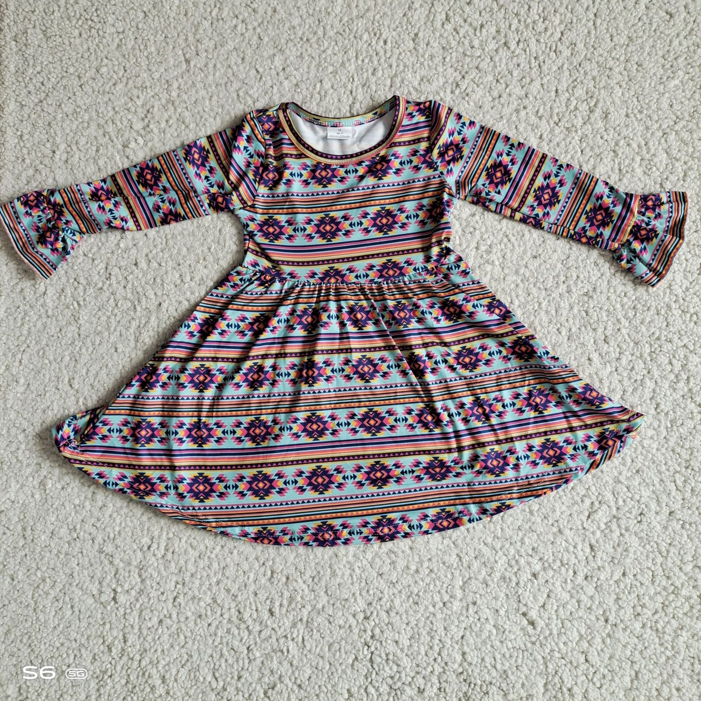 9.27 RTS NO MOQ（In stock）G3-12-5/;, Baby Girls Winter Dress Green long-sleeved dress with blue and pink diamond stripes