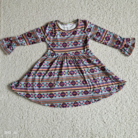 9.27 RTS NO MOQ（In stock）G3-12-5/;, Baby Girls Winter Dress Green long-sleeved dress with blue and pink diamond stripes