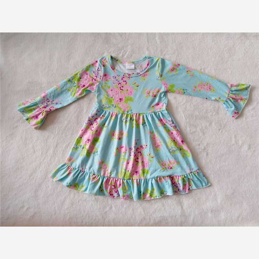 9.23 RTS NO MOQ（In stock）G2-16-4*/. Baby Girls Winter Dress Pink peony flower light blue long-sleeved dress