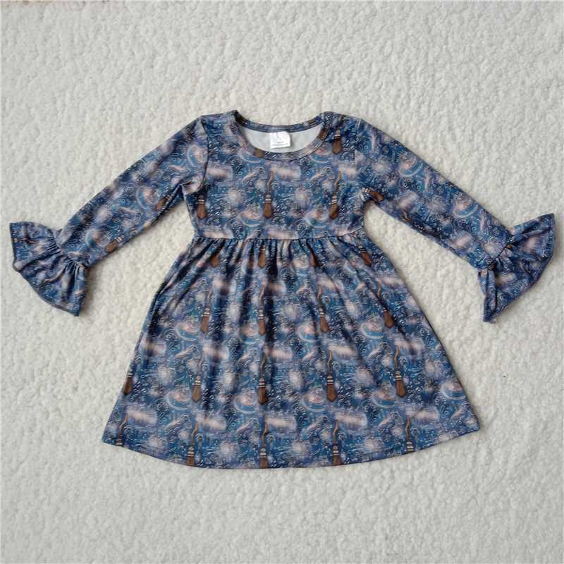 9.24 RTS NO MOQ（In stock）G2-16-9'[ Baby Girls Winter Dress Castle Blue Long Sleeve Dress