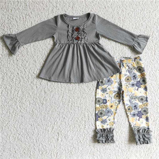 6 A11-28Gray cotton tunic match floral leggings children clothes