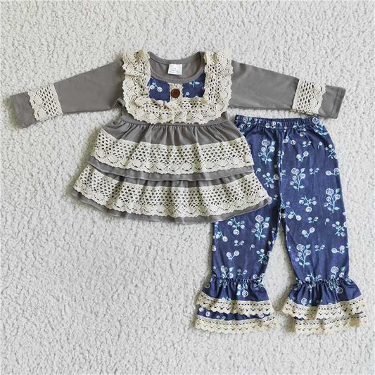 6 A28-2Gray cotton lace shirt ruffle pants children boutique clothes