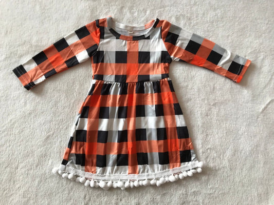 9.30 RTS NO MOQ（In stock）G3-8\ Baby Girls Winter Dress Black plaid white fur ball long sleeve dress