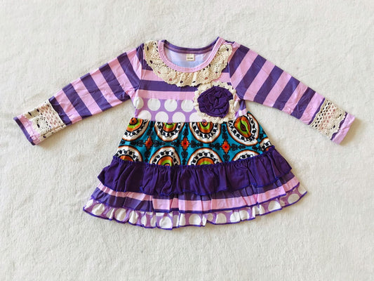 9.15 RTS NO MOQ （In stock）G4-*2. Baby Girls Winter Dress Baby Girls Purple floral striped lace knee-length Dresses