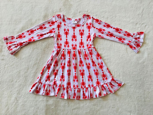 9.29 RTS NO MOQ（In stock）G3-8-8 Baby Girls Winter Dress Red lobster and white long-sleeved dress