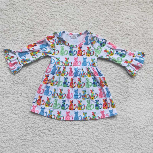 9.24 RTS NO MOQ（In stock）G3-20-4;; Baby Girls Winter Dress Yellow floral kitten long-sleeved dress