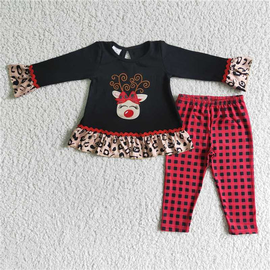 6 A18-27 Christmas bow embroidered deer head black plaid leopard print