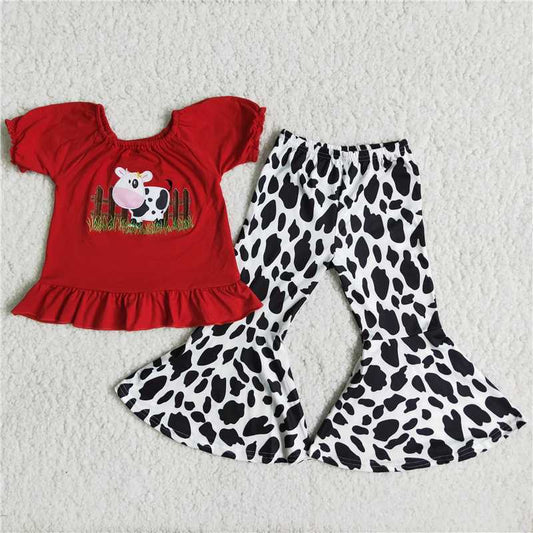 B18-13 Baby Girls Red Farm Cow Bell Pants Clothing Sets