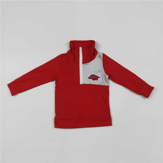 10.14 RTS NO MOQ （In stock）G2-16-6;.. Baby Boys Long Sleeve Top Red wild boar red and gray stitching boys' long-sleeved top
