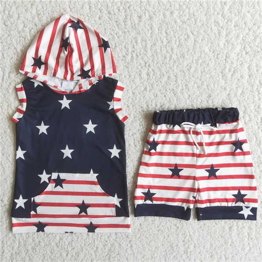 C14-23 4th of July boys hoodie top star stripe red shorts sets